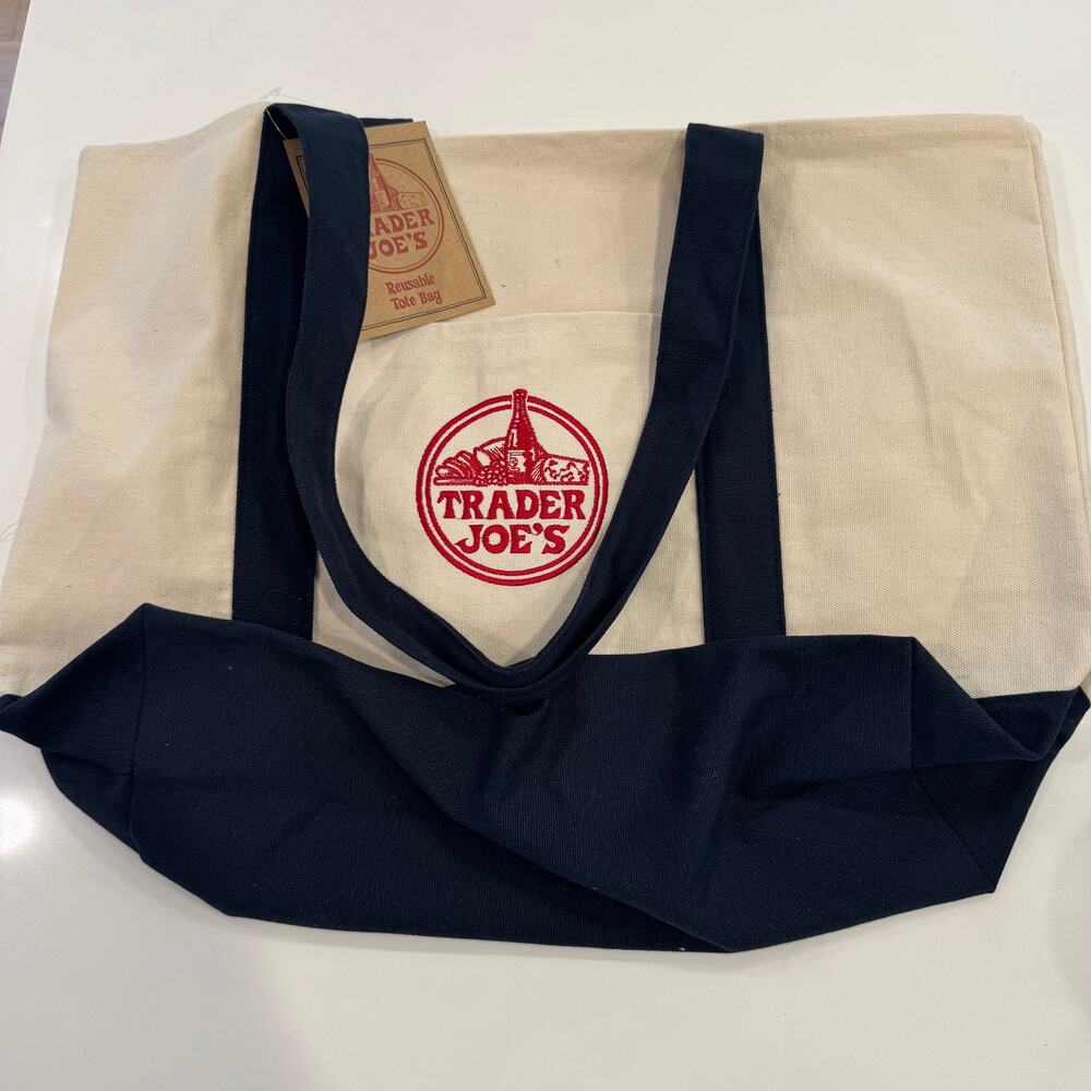 NWT Trader Joe's Canvas Reusable Tote Bag Natural Black Grocery Shopper Beach